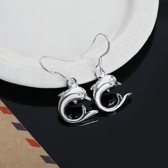 Cute Little Dolphin Drop Earrings " Hypoallergenic " Solid Sterling Silver - Picture 6 of 6